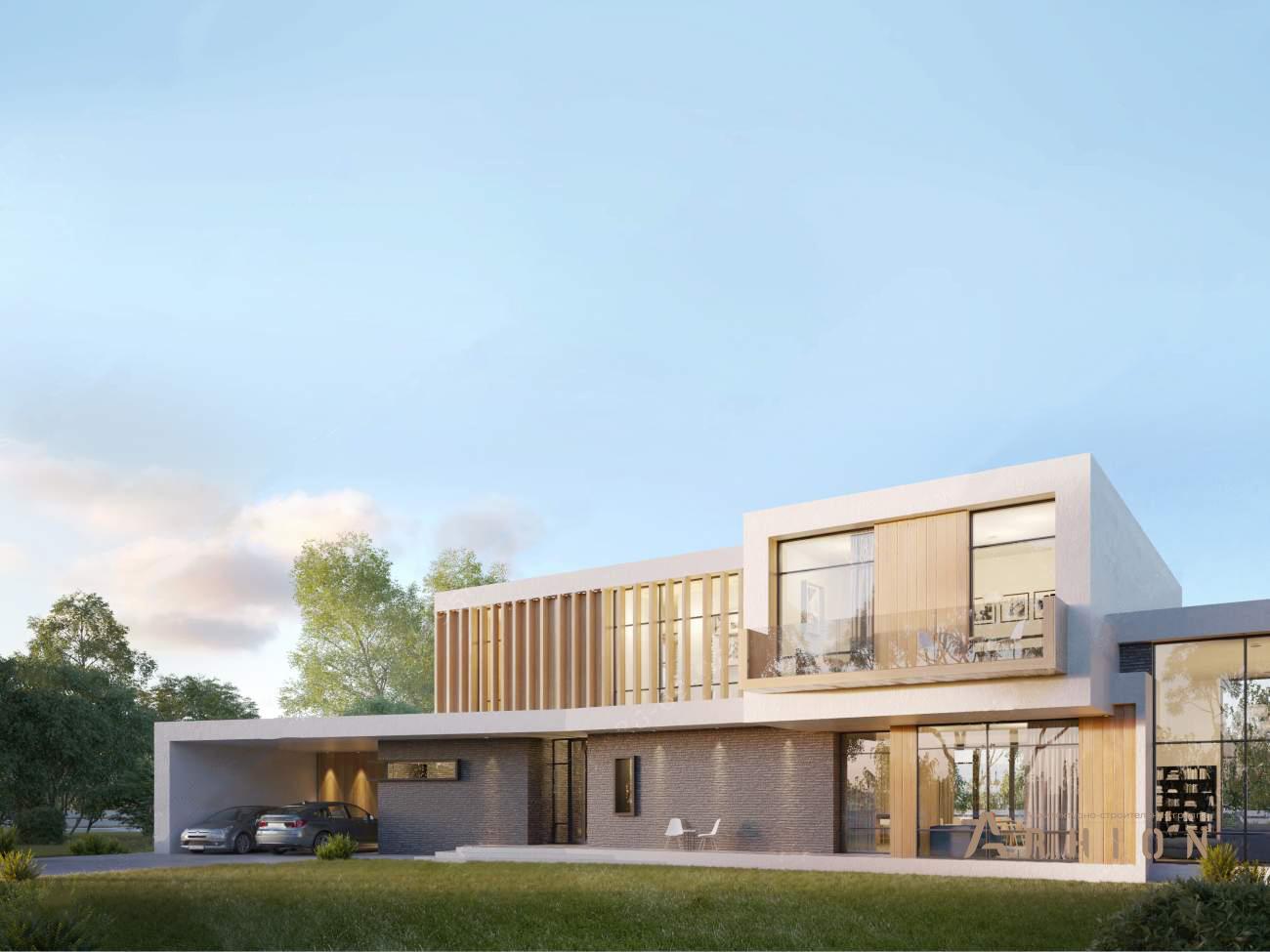 2. Проект двухэтажного дома в стиле хай-тек с плоской кровлей , rh-610, площадью - 610 кв c сауной, терассой, балконом, гаражом, вторым светом